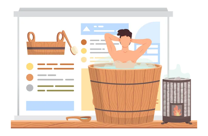 Homme dans une baignoire chaude  Illustration