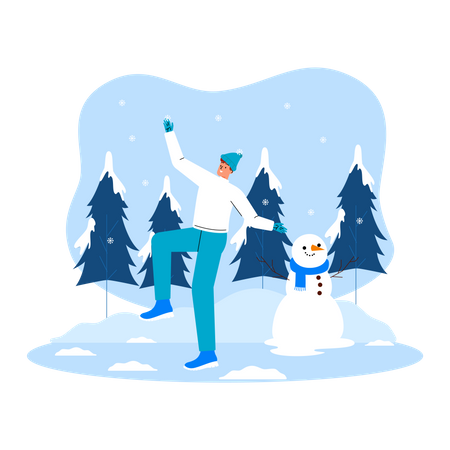 Homme dansant dans la neige et faisant un bonhomme de neige  Illustration