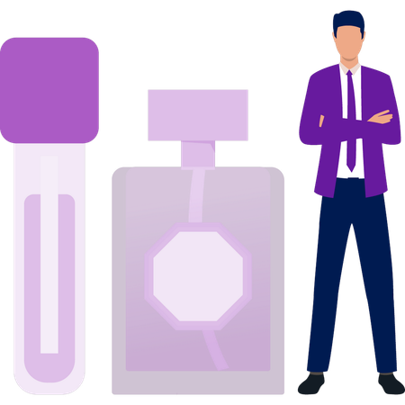 Homme de bureau debout près d'un flacon de parfum  Illustration
