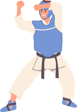 Homme de karaté portant un kimono et un équipement de protection debout en position de défense  Illustration