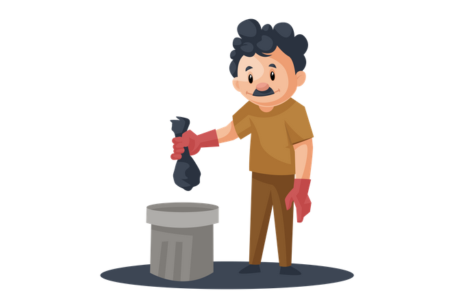 Homme de ménage mettant les ordures dans la poubelle  Illustration
