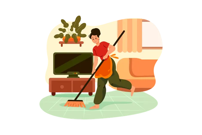 Homme de ménage nettoyer le sol de la maison avec un manche à balai  Illustration