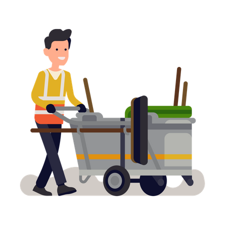 Homme de ménage avec équipement de nettoyage  Illustration