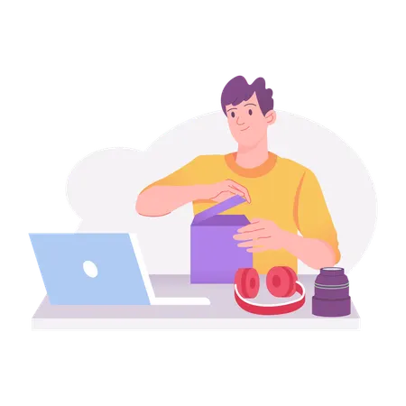 Homme déballant un colis  Illustration
