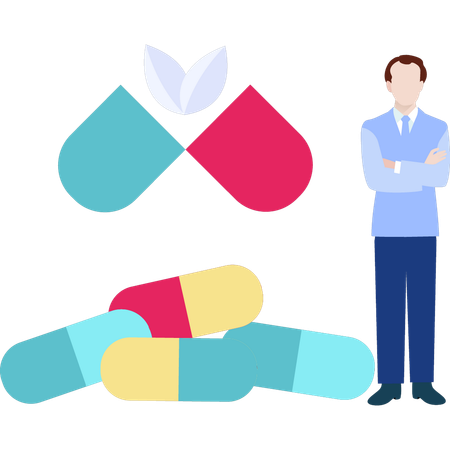 Homme debout à côté de capsules  Illustration