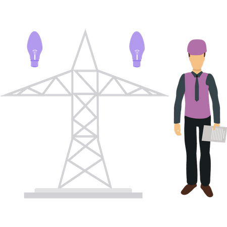 Homme debout à côté de la tour électrique  Illustration