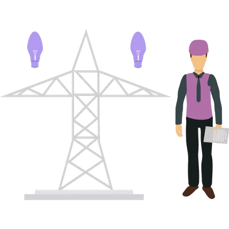 Homme debout à côté de la tour électrique  Illustration