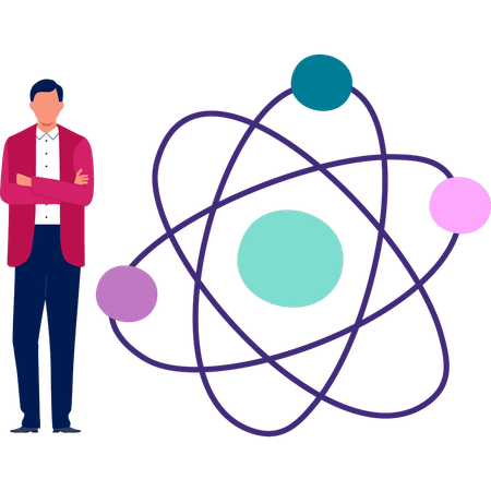 Homme debout à côté d'une molécule atomique  Illustration