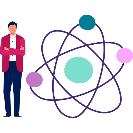 Homme debout à côté d'une molécule atomique  Illustration