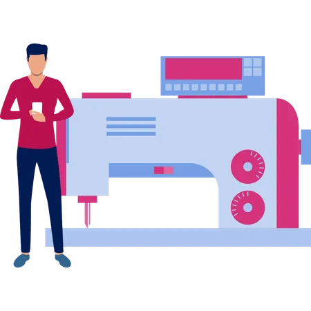 Homme debout à côté d'une machine à balancer le tissu  Illustration