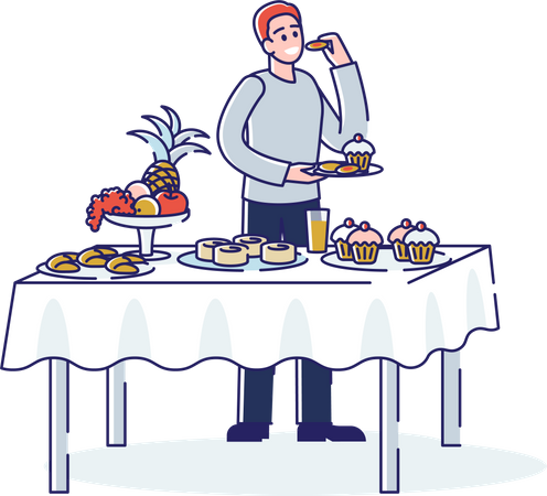 Homme debout à table servi et mangeant des plats savoureux  Illustration