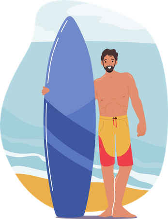 Homme debout avec planche de surf  Illustration