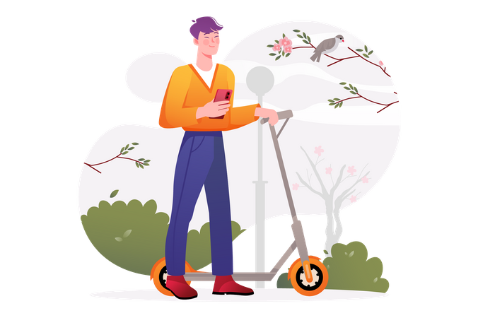 Homme debout avec scooter et mobile  Illustration