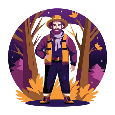 Homme debout dans la forêt portant des vêtements d'automne  Illustration