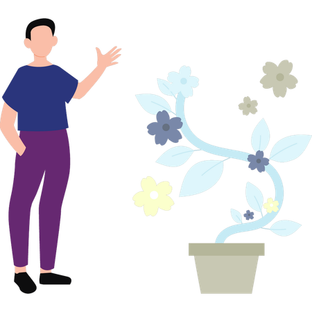 Homme debout près d'un vase de fleurs  Illustration