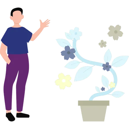 Homme debout près d'un vase de fleurs  Illustration