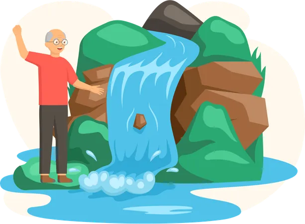 Homme debout près du lac à côté d'un rocher et d'une cascade  Illustration