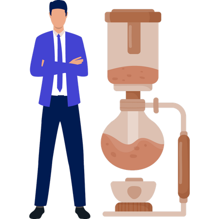 Homme debout près d'une cafetière à siphon  Illustration