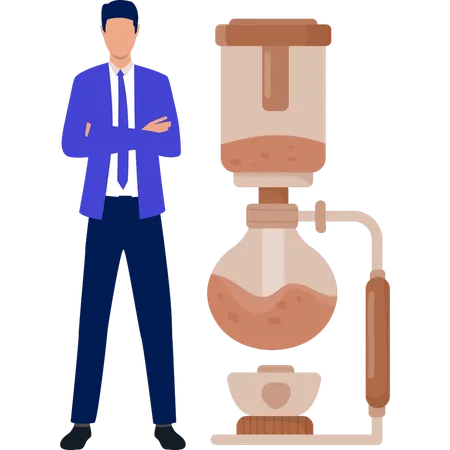 Homme debout près d'une cafetière à siphon  Illustration