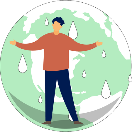 Homme debout sous les gouttes de pluie mondiales  Illustration