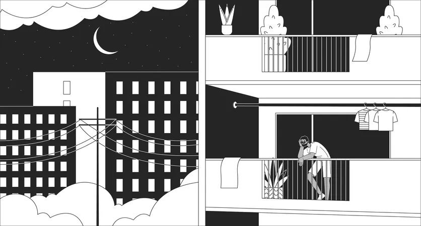 Homme debout sur le balcon tard dans la nuit  Illustration