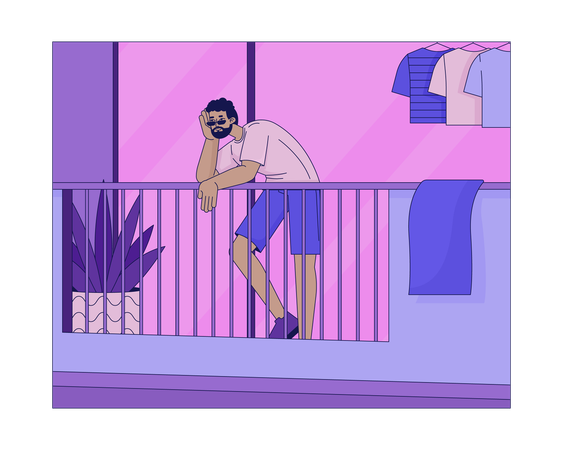 Homme debout sur le balcon tard dans la nuit  Illustration