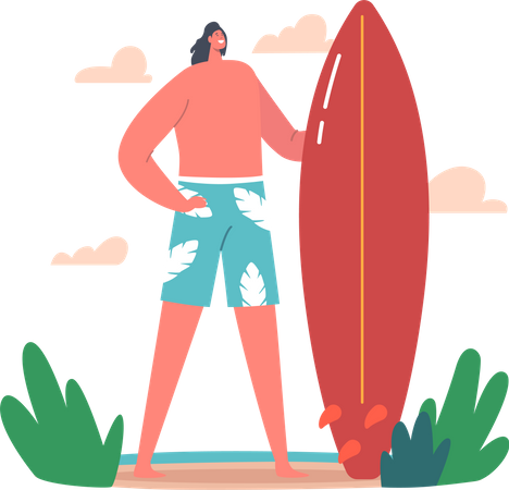 Homme debout tout en tenant une planche de surf  Illustration