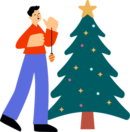 Homme décorant l'arbre de Noël  Illustration