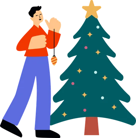 Homme décorant l'arbre de Noël  Illustration