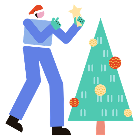 Un homme décore un sapin de Noël pour une fête de Noël  Illustration