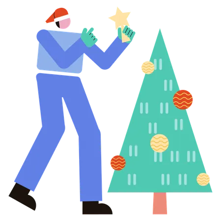 Un homme décore un sapin de Noël pour une fête de Noël  Illustration