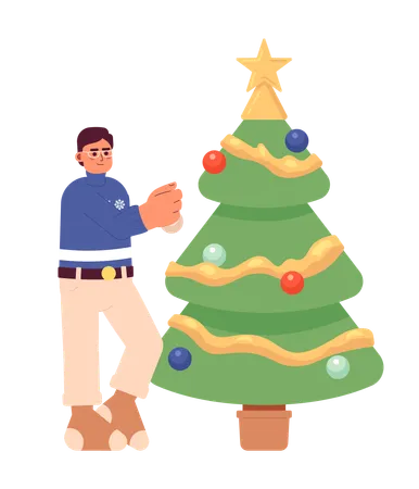 Homme décorant l'arbre de Noël  Illustration