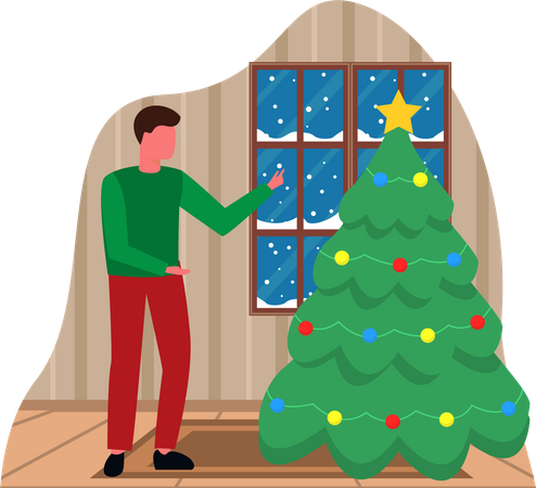 Homme décorer l'arbre de Noël  Illustration