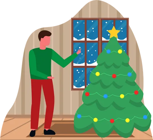 Homme décorer l'arbre de Noël  Illustration