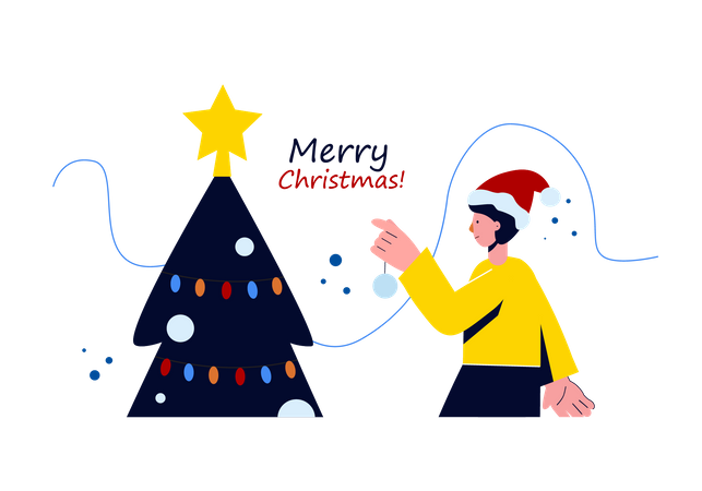 L'homme décore l'arbre de Noël avec des guirlandes  Illustration