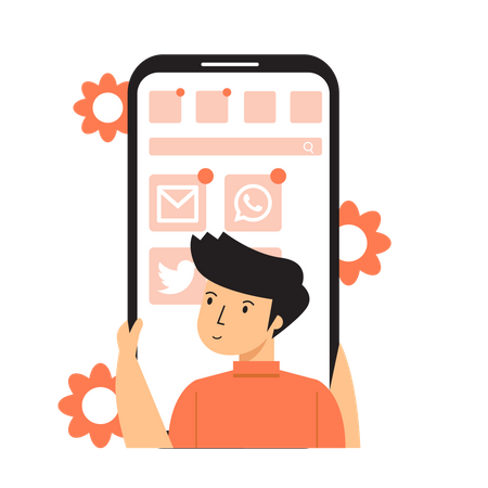 Homme faisant défiler les applications de médias sociaux  Illustration