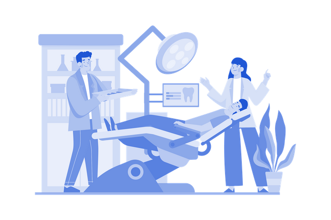 Dentiste et infirmière examinant les dents du patient à la clinique  Illustration