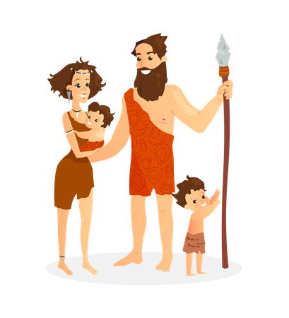 Homme des cavernes en famille  Illustration