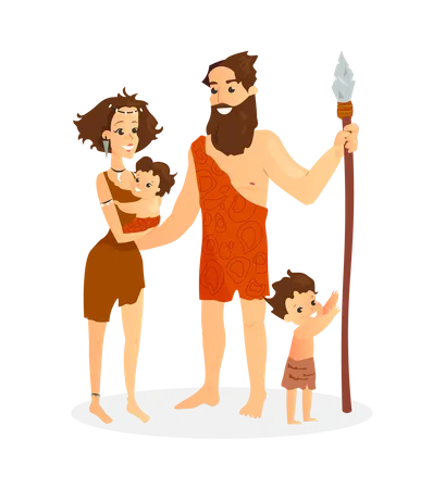 Homme des cavernes en famille  Illustration