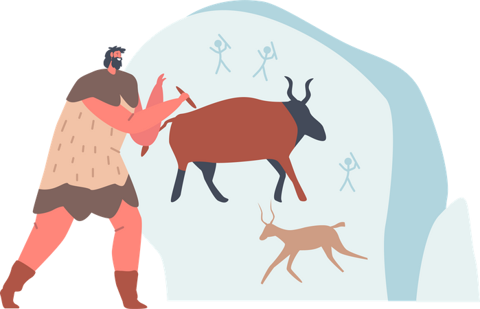 Homme des cavernes portant une peau peignant des animaux sur le mur de la grotte  Illustration