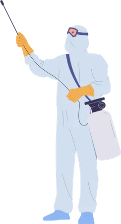 Désinfecteur homme en costume utilisant une bouteille de poison avec buse de pulvérisation et poison chimique  Illustration