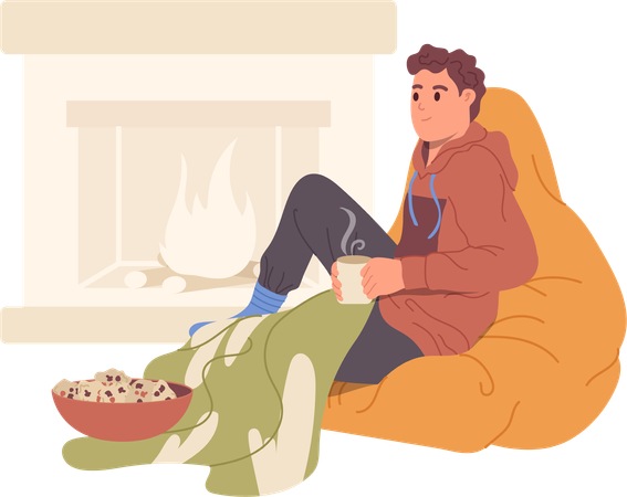 Homme détendu, buvant du thé chaud, assis à la maison près de la cheminée  Illustration