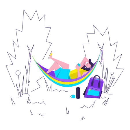 Homme relaxant dans un hamac avec un cocktail  Illustration