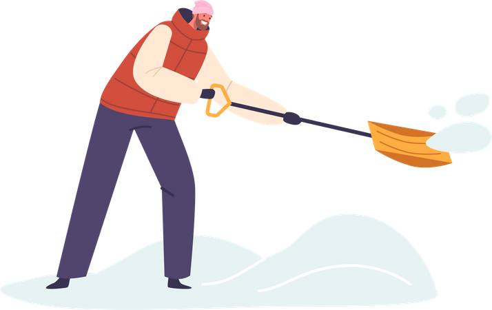 Un homme déterminé pellete la neige avec diligence  Illustration
