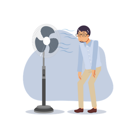 Homme devant un ventilateur électrique lors des chaudes journées d'été  Illustration