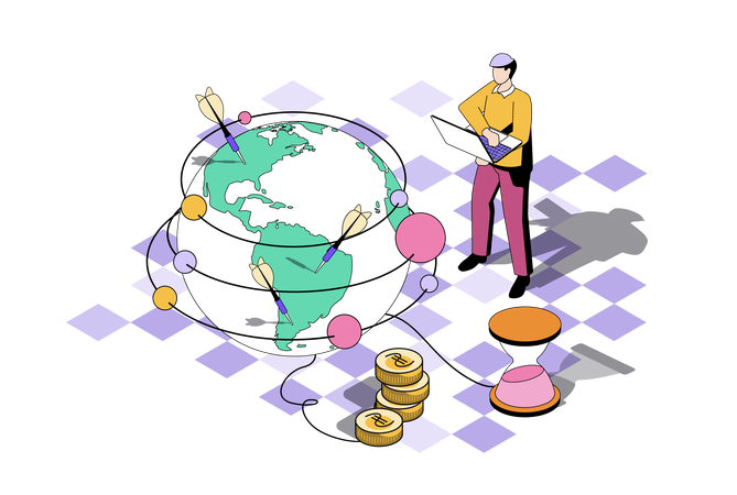 Homme développant une activité mondiale et une stratégie globale  Illustration
