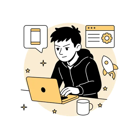 Un homme développe une application la nuit  Illustration