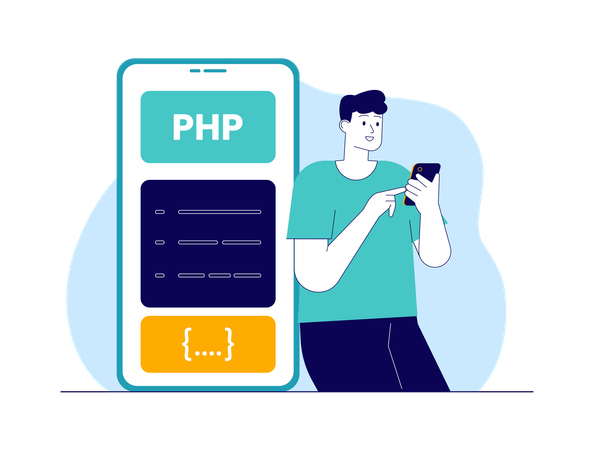 Homme développant une application mobile à l'aide de code PHP  Illustration
