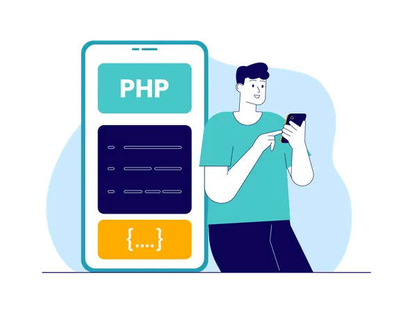 Homme développant une application mobile à l'aide de code PHP  Illustration