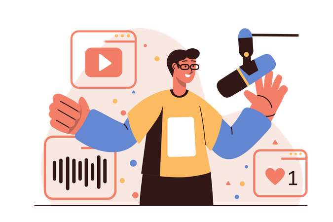 Homme diffusant un podcast sur des plateformes en ligne  Illustration
